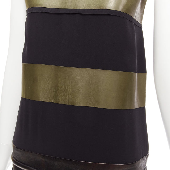 OLD CELINE Phoebe Philo khaki leather black panel gold belt dress FR36 S