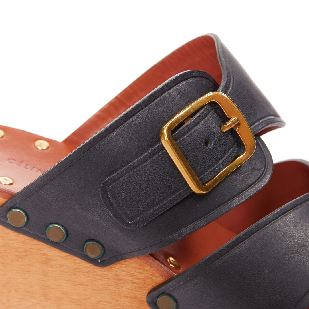 CELINE Phoebe Philo black brown calf wooden platform clog sandals EU37