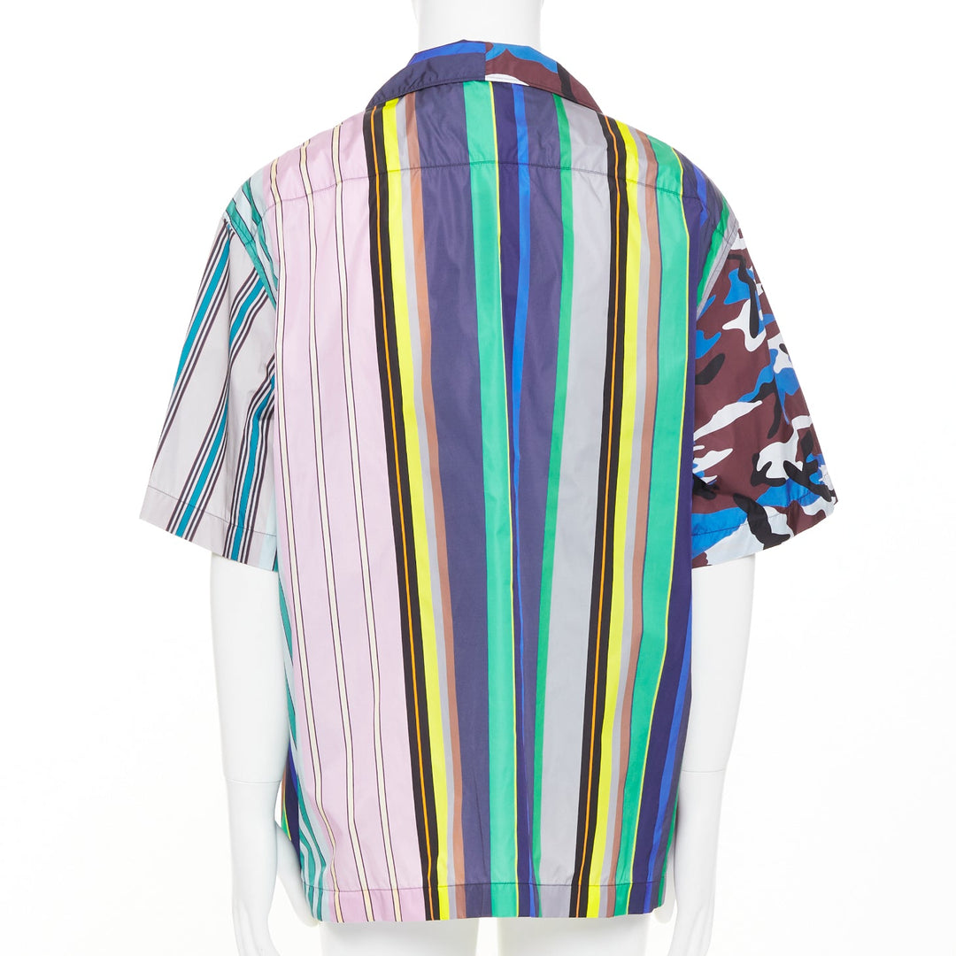 PRADA 2021 Runway Double Match camo stripe oversized nylon bowling shirt XXL