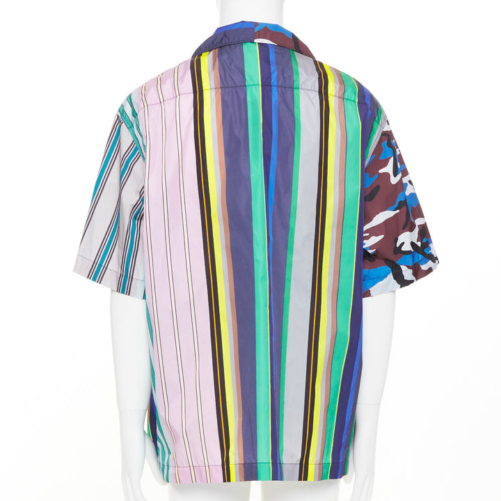 PRADA 2021 Runway Double Match camo stripe oversized nylon bowling shirt XXL
