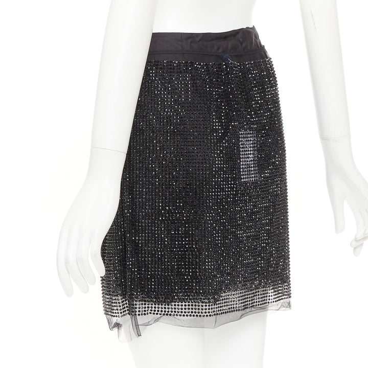 PRADA 2021 black crystal strass embellished cut out lace mini skirt IT38 XS