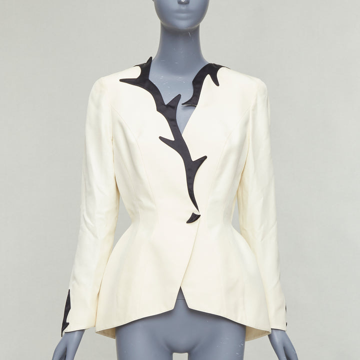THIERRY MUGLER 1998 Vintage off white cotton border collar peplum blazer FR40 L