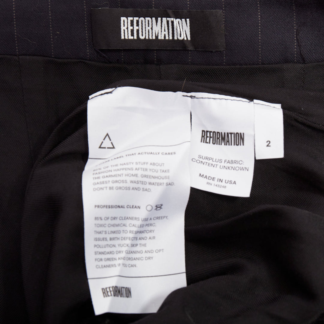 REFORMATION navy pinstripe surplus fabric silver zip fly wide pants US0 XS
