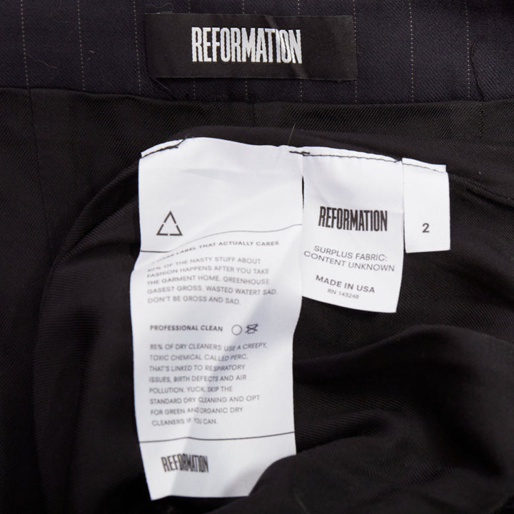 REFORMATION navy pinstripe surplus fabric silver zip fly wide pants US0 XS