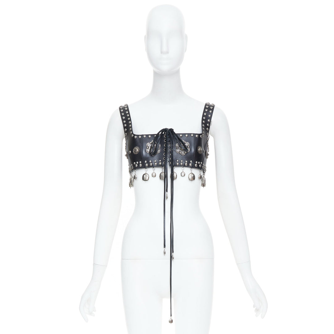 rare ALEXANDER MCQUEEN 2017 Runway studded lace up charm calf leather bra top S