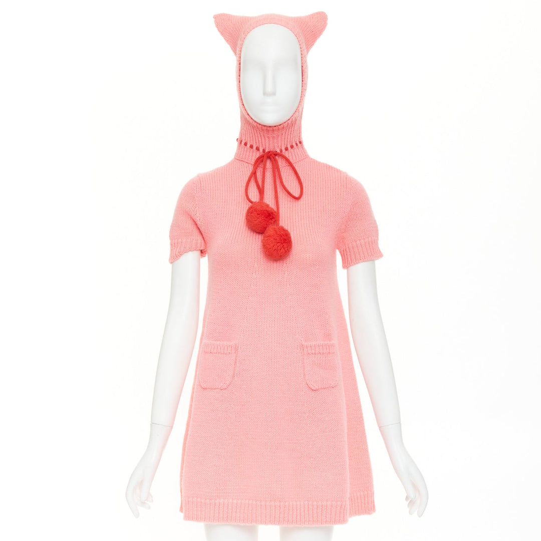 rare GUCCI 2021 Epilogue pink wool knit ear hooded pom pom embellished dress XS