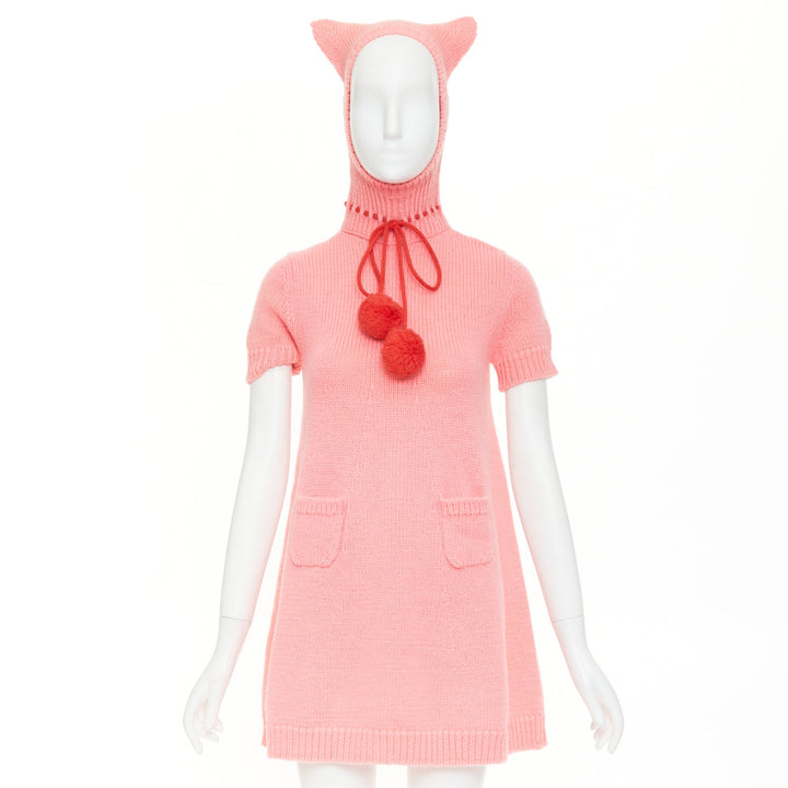 rare GUCCI 2021 Epilogue pink wool knit ear hooded pom pom embellished dress XS