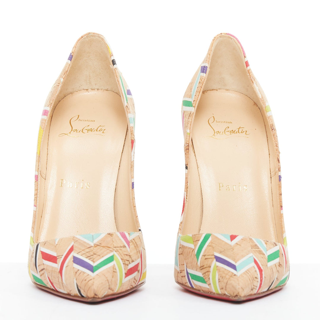 CHRISTIAN LOUBOUTIN So Kate Cork Chevron beige colourful calfskin pumps EU36.5