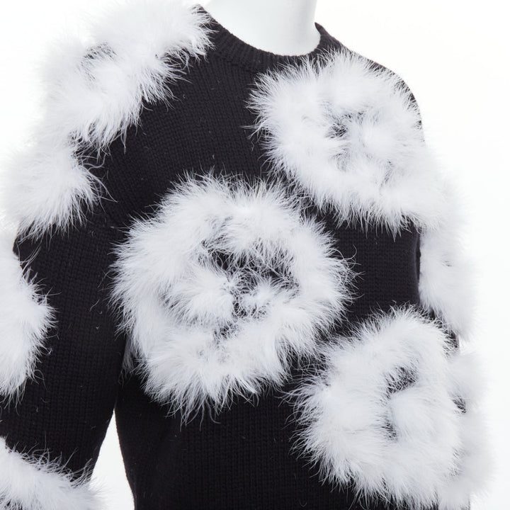 CHANEL 23A Runway white turkey feather black cashmere sweater FR38 M