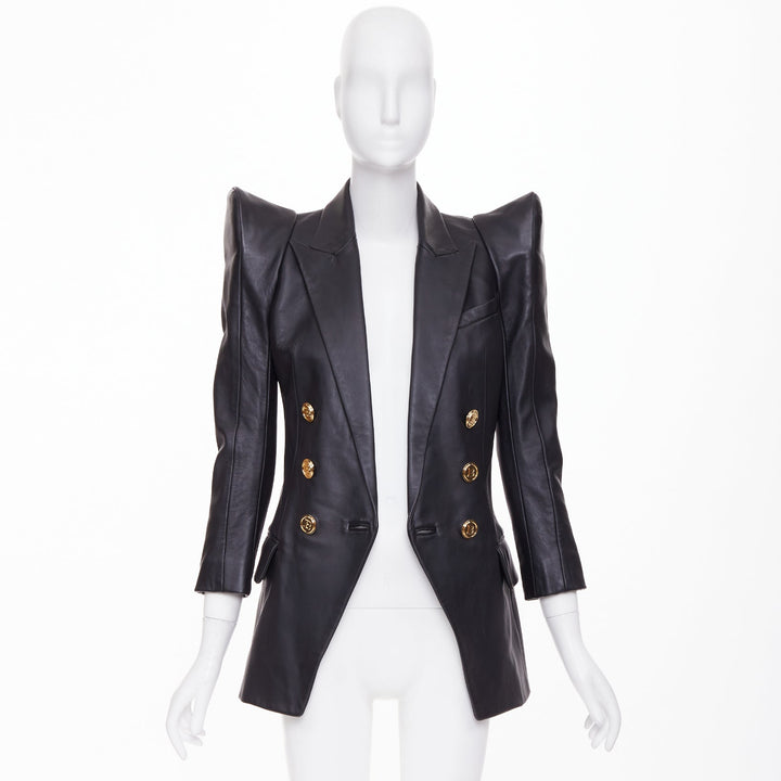 BALMAIN black lambskin leather gold buttons Pagoda shoulders jacket FR34 XS