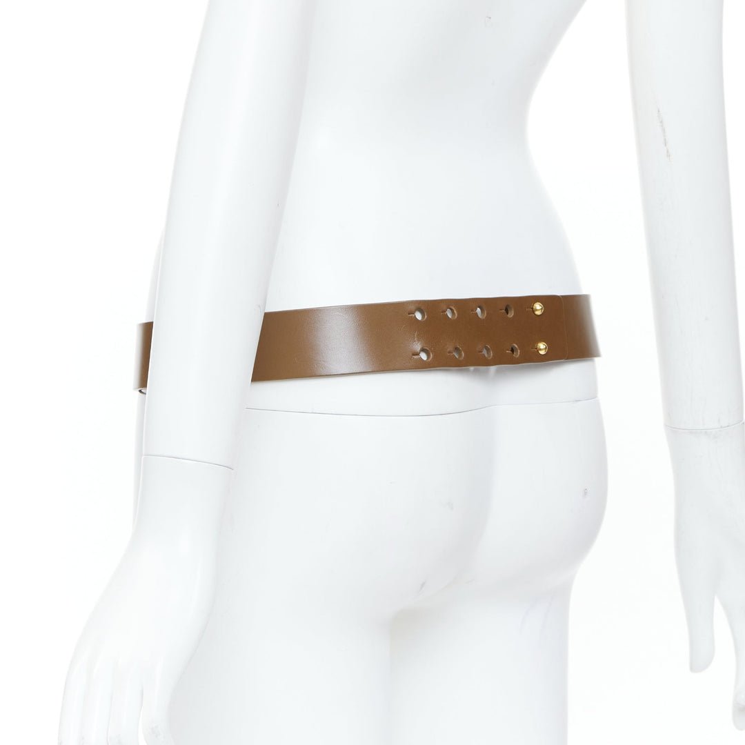 GUCCI 2012 Runway gold metal bar plate brown smooth leather wide waist belt 80cm