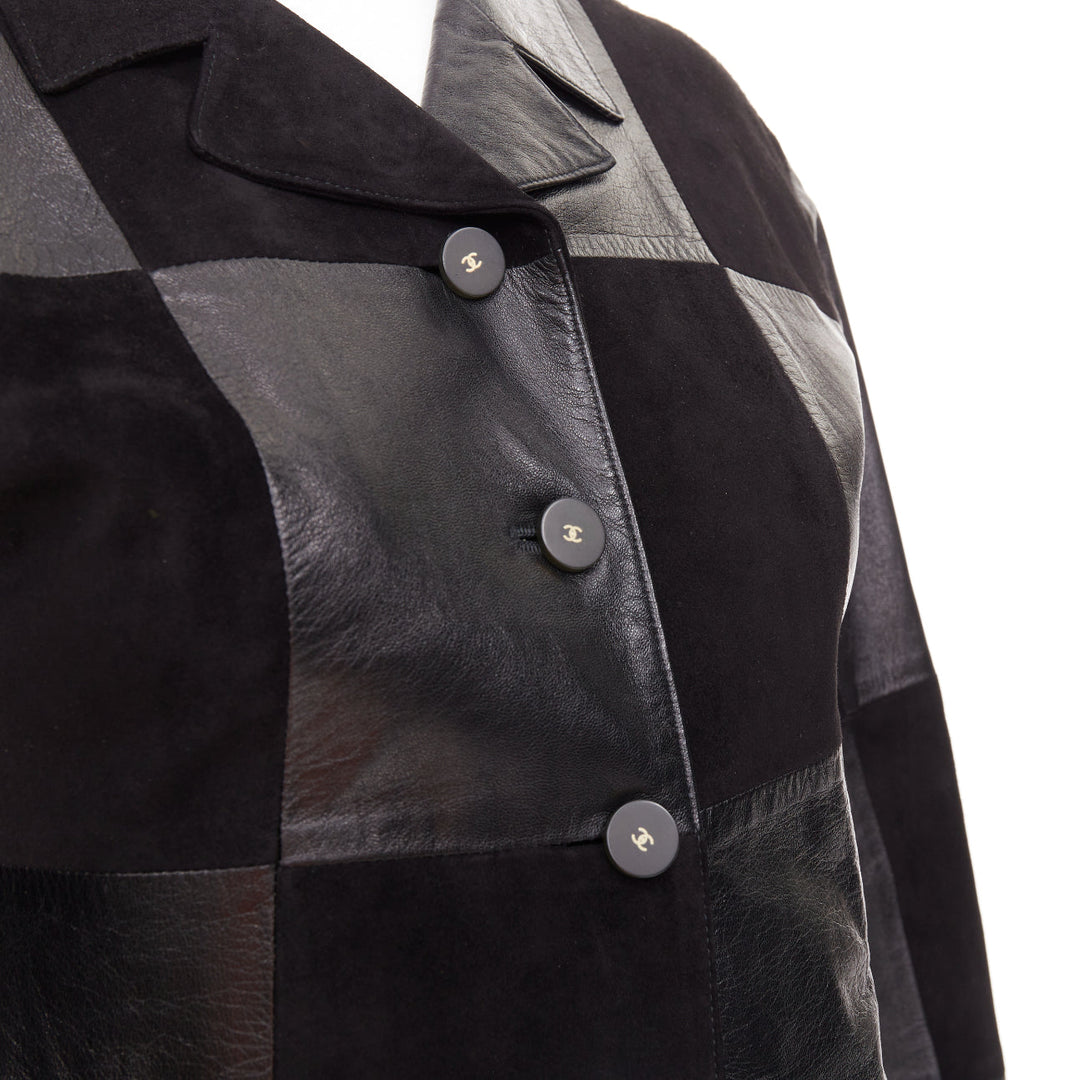 CHANEL Vintage black leather suede checkered patchwork CC blazer jacket