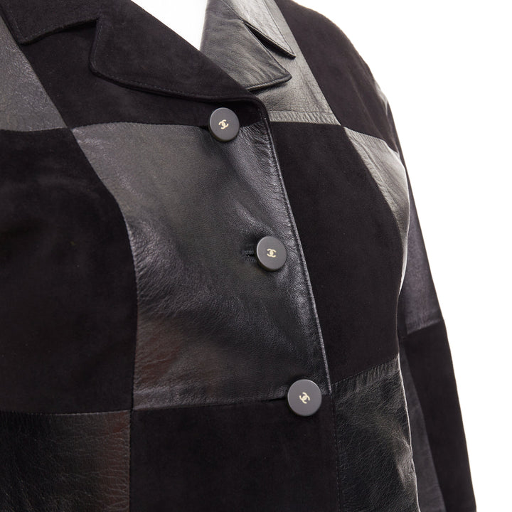 CHANEL Vintage black leather suede checkered patchwork CC blazer jacket