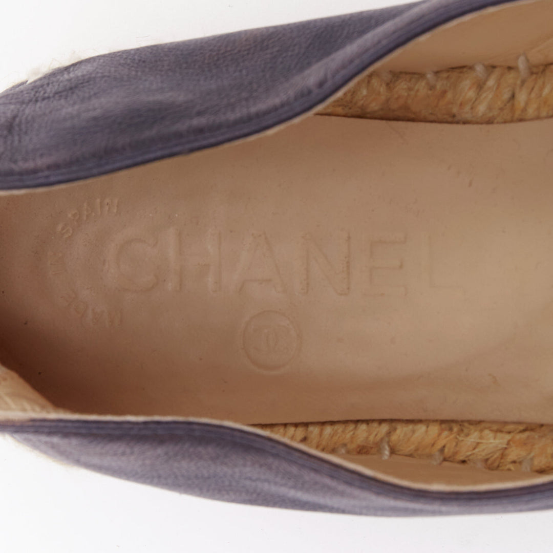 CHANEL navy lambskin leather CC logo applique jute espadrille shoes EU37