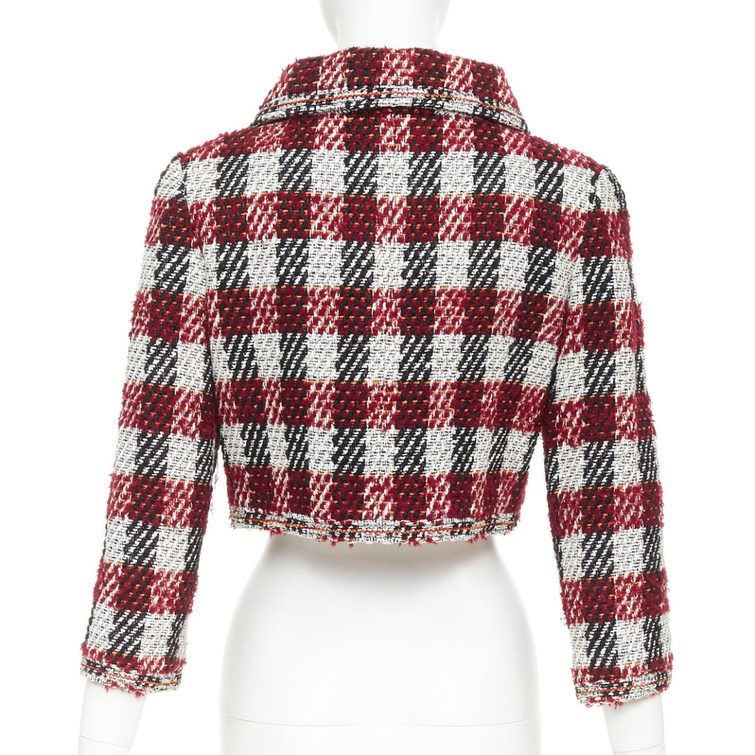 CHANEL 16A Runway burgundy checked tweed cropped zip-up jacket FR40 M