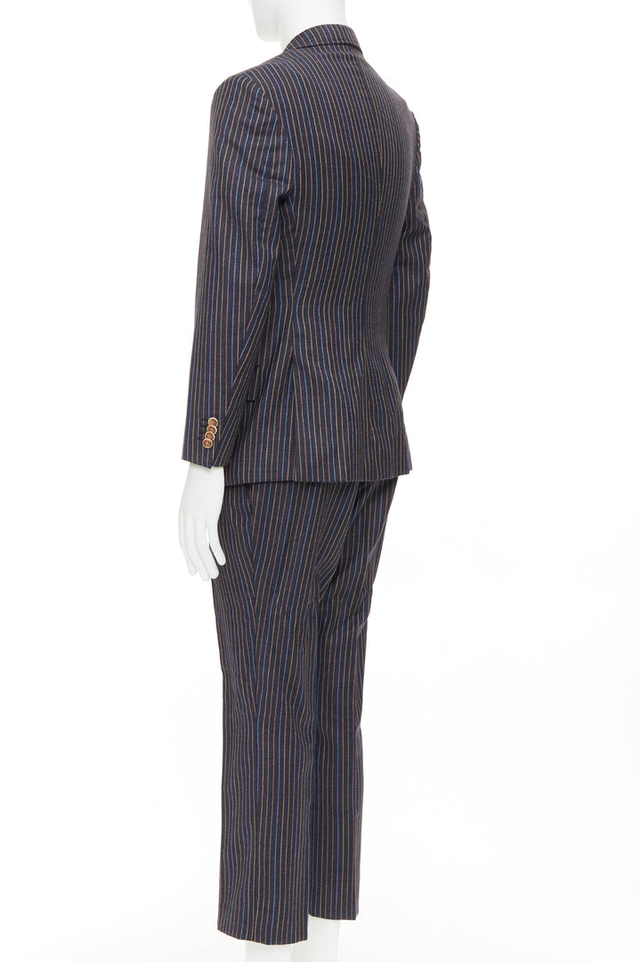 ETRO grey brown multi pinstripe single breasted cropped blazer pants set IT52 XL