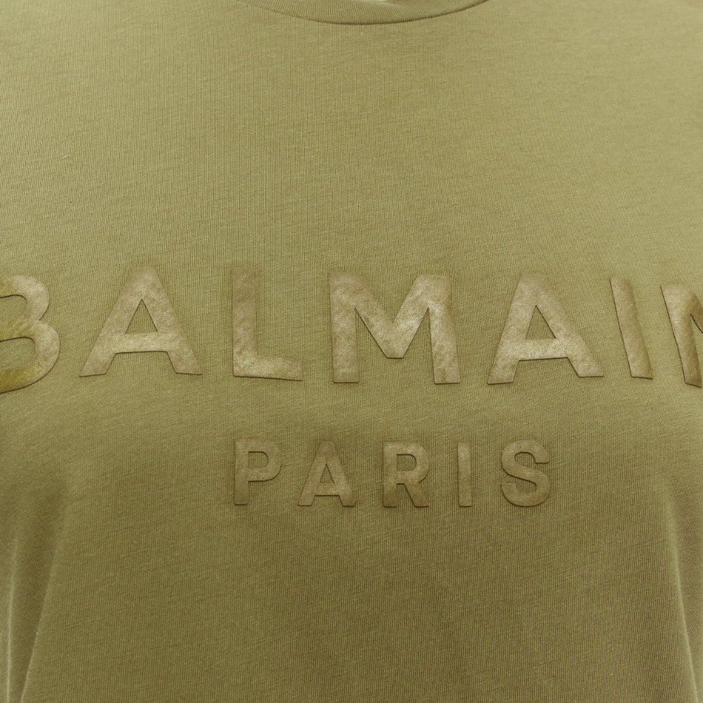 BALMAIN green brown distressed logo military buttons tshirt XS