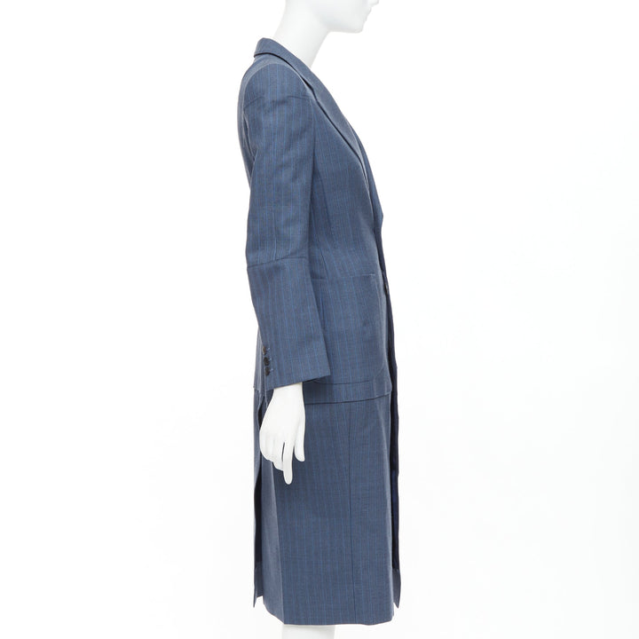 JUNYA WATANABE 2012 Runway blue wool pinstriped tromp loeil seam long coat S