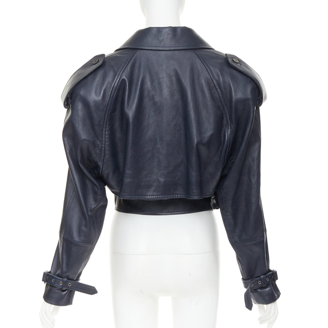 SAINT LAURENT 2023 Runway navy blue lambskin Power belted cropped biker jacket