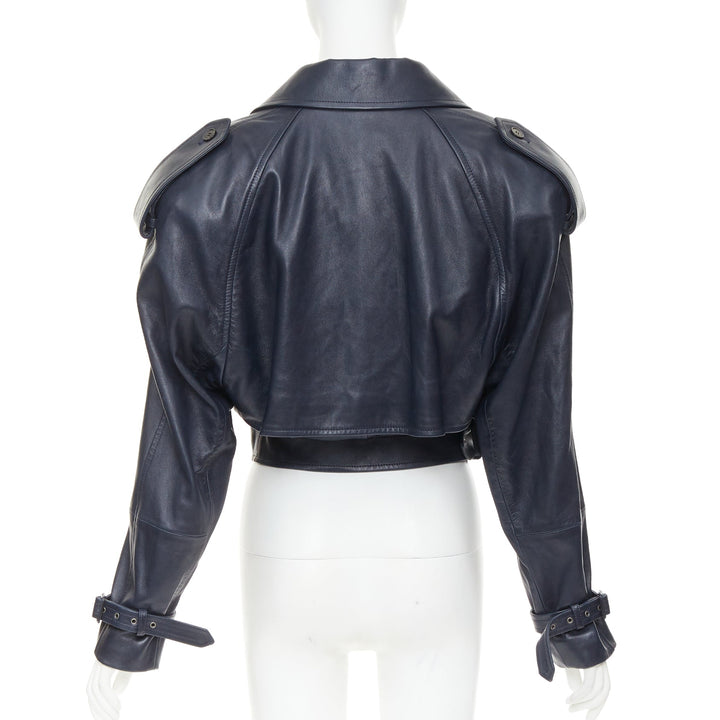 SAINT LAURENT 2023 Runway navy blue lambskin Power belted cropped biker jacket