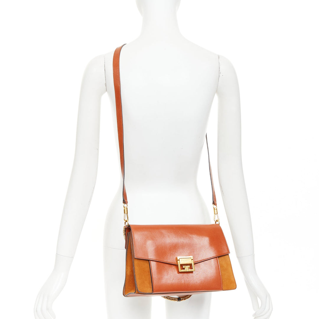 GIVENCHY GV3 Small tan brown leather suede clasp structured crossbody bag