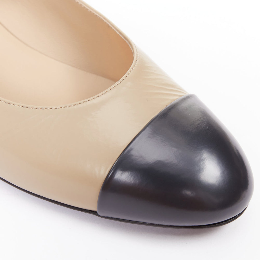 CHANEL 2024 beige leather black cap toe CC block heel mary jane flats EU39.5