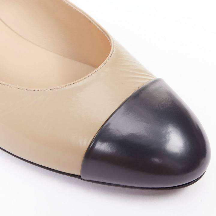 CHANEL 2024 beige leather black cap toe CC block heel mary jane flats EU39.5