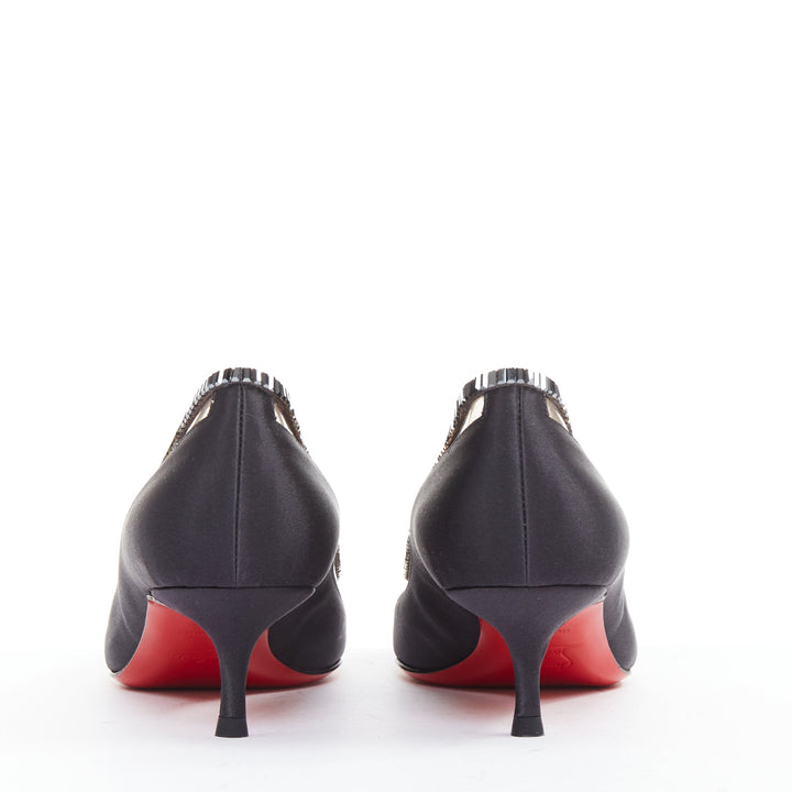 CHRISTIAN LOUBOUTIN Paulina Strass 45 black satin baguette crystal kitten EU37.5