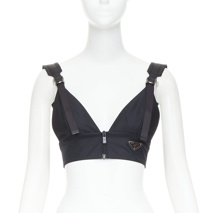 PRADA 2021 Re-Nylon Gabardine black logo buckle strap bralette crop top IT38 XS