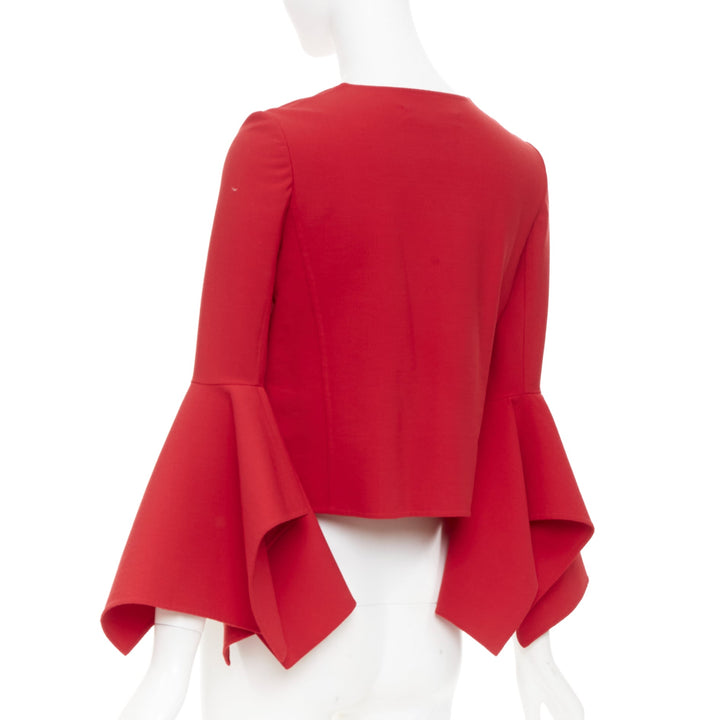 OSCAR DE LA RENTA 2018 flared ruffle sleeve cropped red wool jacket US0 XS