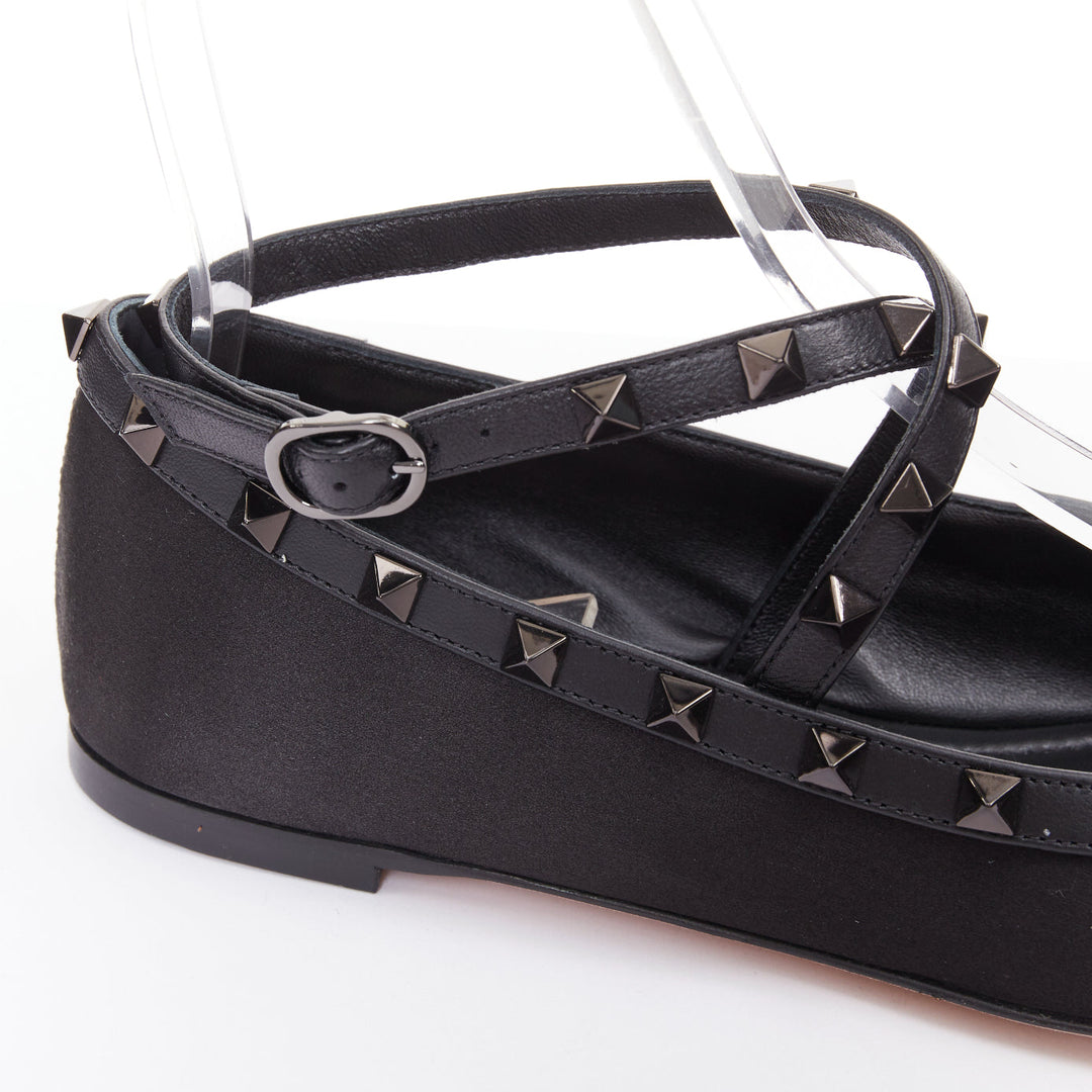 VALENTINO Rockstud nero black satin leather studded cross ballet flats EU37.5