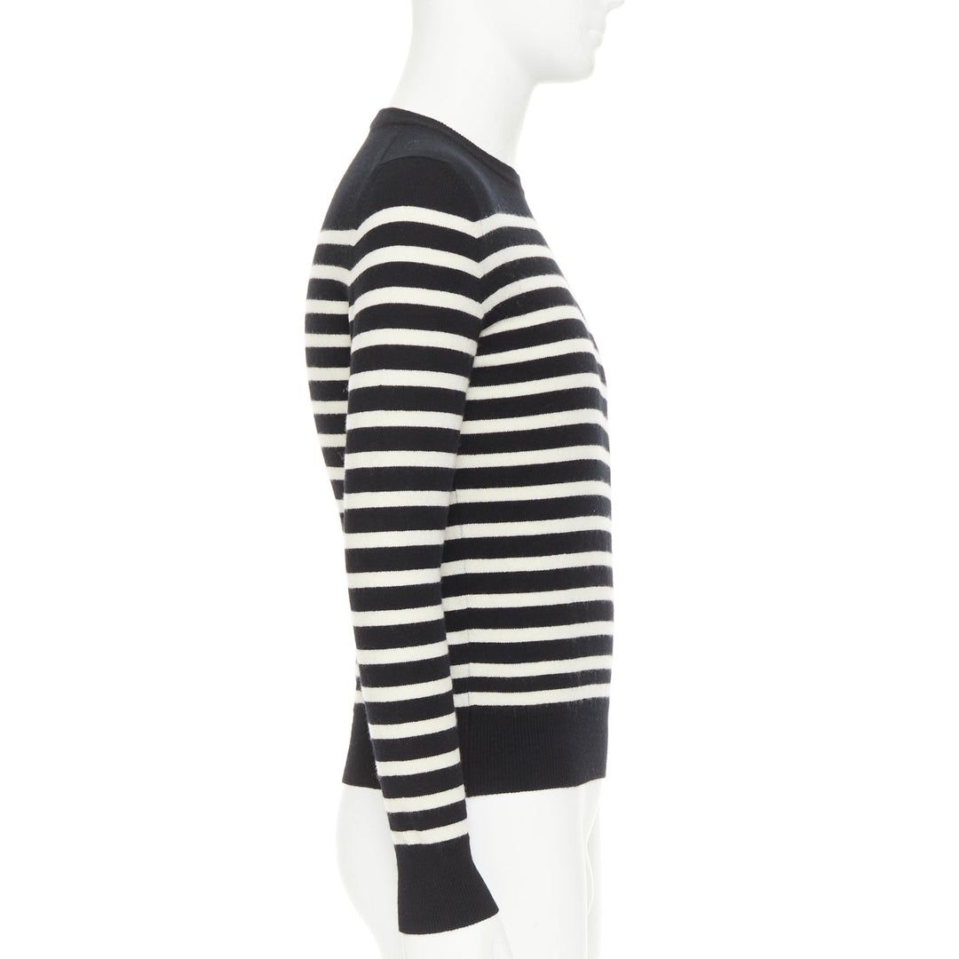 SAINT LAURENT 2017 100% Cashmere black white horizontal striped crew sweater XS