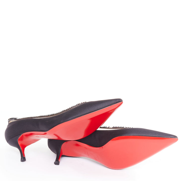 CHRISTIAN LOUBOUTIN Paulina Strass 45 black satin baguette crystal kitten EU37.5