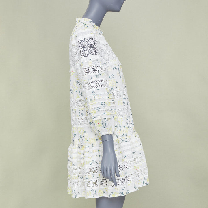 EN SAISON yellow multi floral printed eyelet lace tiered mini dress S