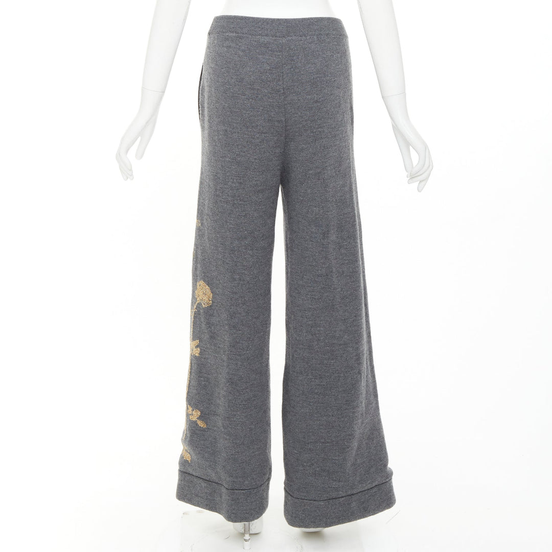 DRIES VAN NOTEN 2017 grey merino wool gold metallic floral intarsia wide pants S