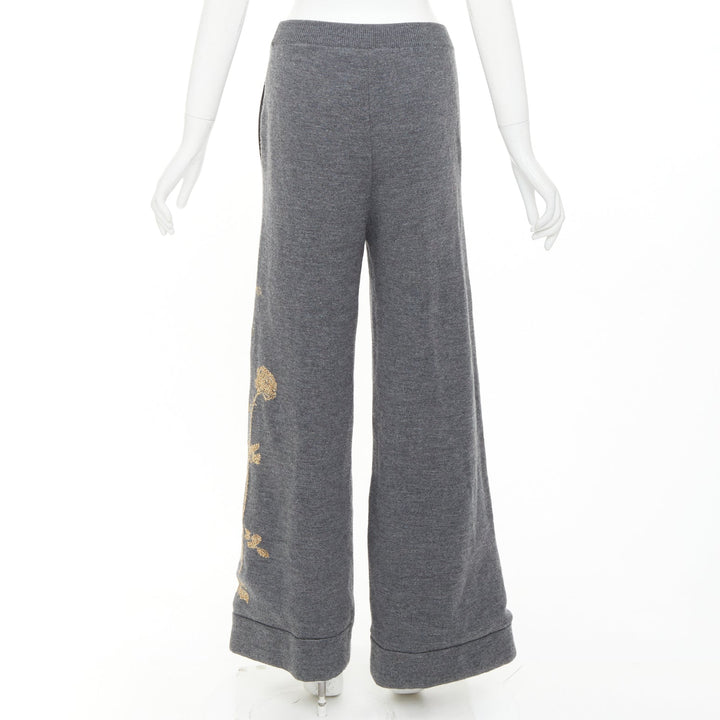DRIES VAN NOTEN 2017 grey merino wool gold metallic floral intarsia wide pants S
