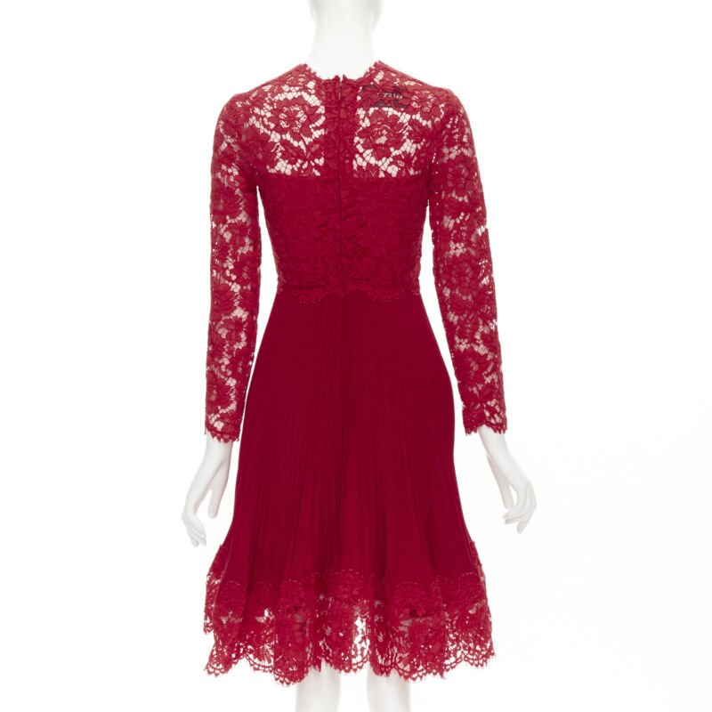 VALENTINO red floral lace knife pleat skirt cocktail dress IT38 XS