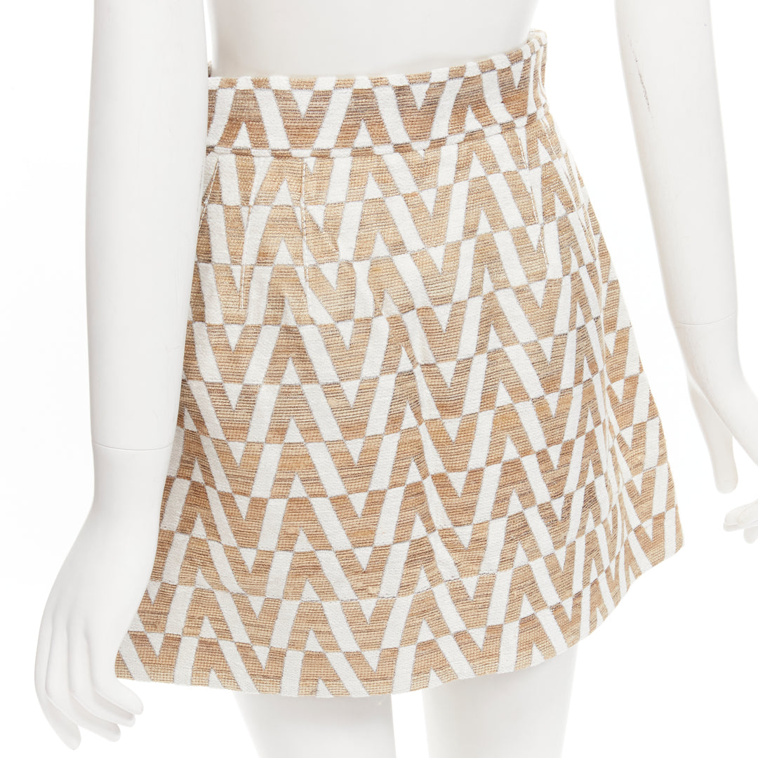 VALENTINO VLOGO gold white monogram jacquard A-line mini skirt skorts IT38 XS