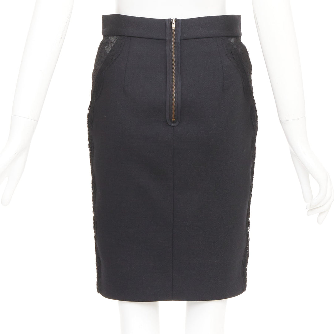 STELLA MCCARTNEY black wool blend lace side panels cut out pencil skirt IT38 XS