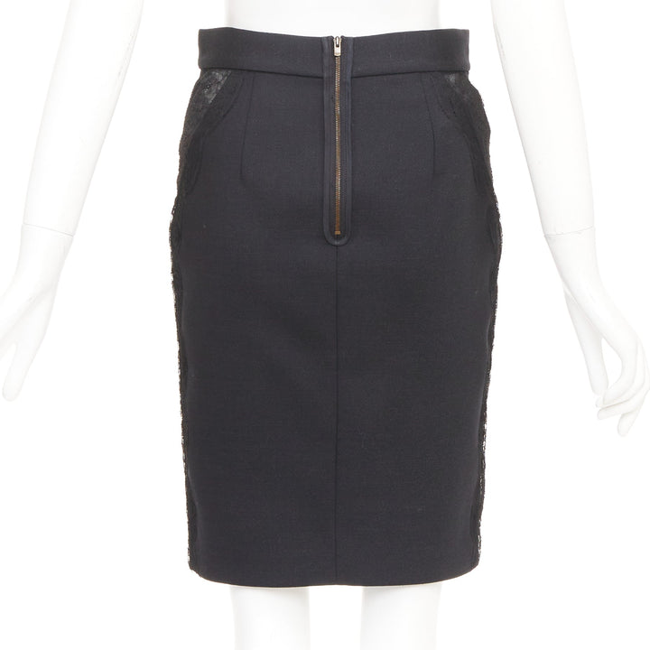 STELLA MCCARTNEY black wool blend lace side panels cut out pencil skirt IT38 XS