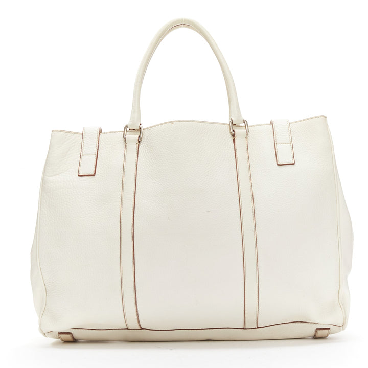 PRADA ivory white grained leather silver triangle logo buckle strap tote bag