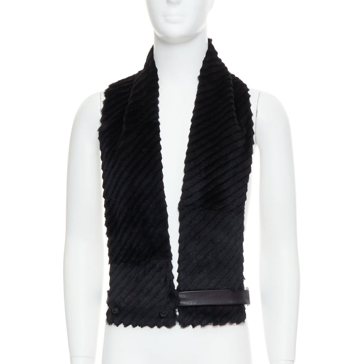 VERSACE black textured rabbit fur soft leather belt shawl scarf vest