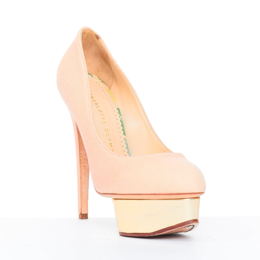 CHARLOTTE OLYMPIA Dolly beige canvas gold island metallic platform pumps EU36