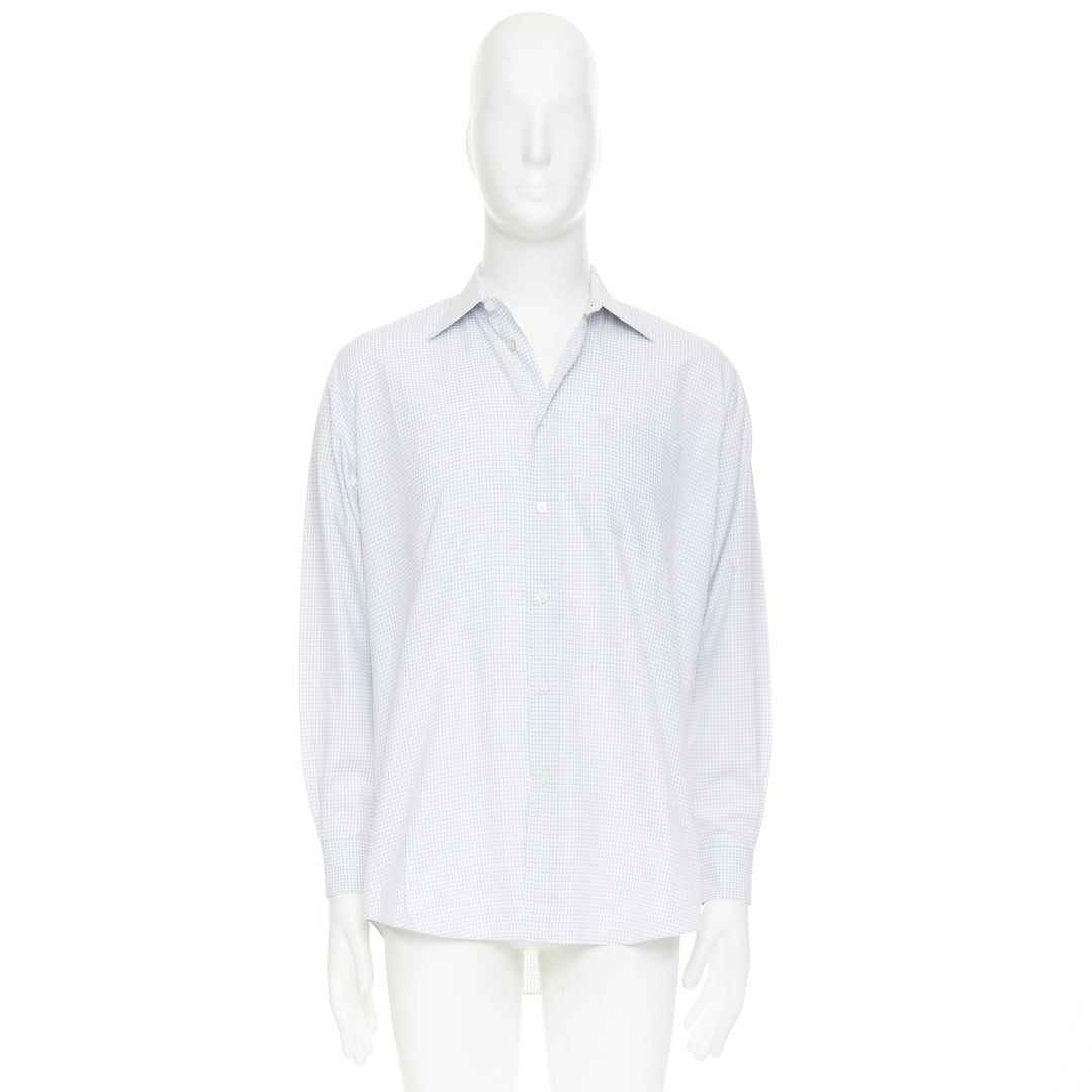 HERMES white blue small checked cotton collared shirt EU39 M