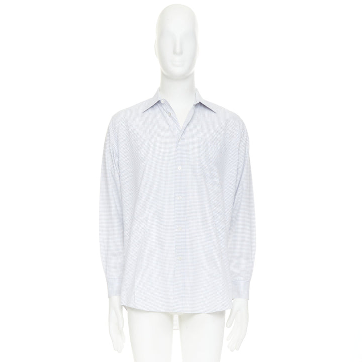 HERMES white blue small checked cotton collared shirt EU39 M