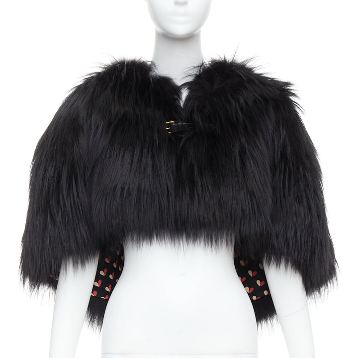 LOUIS VUITTON black fox fur leather belt heart lined cape shawl FR34 XS