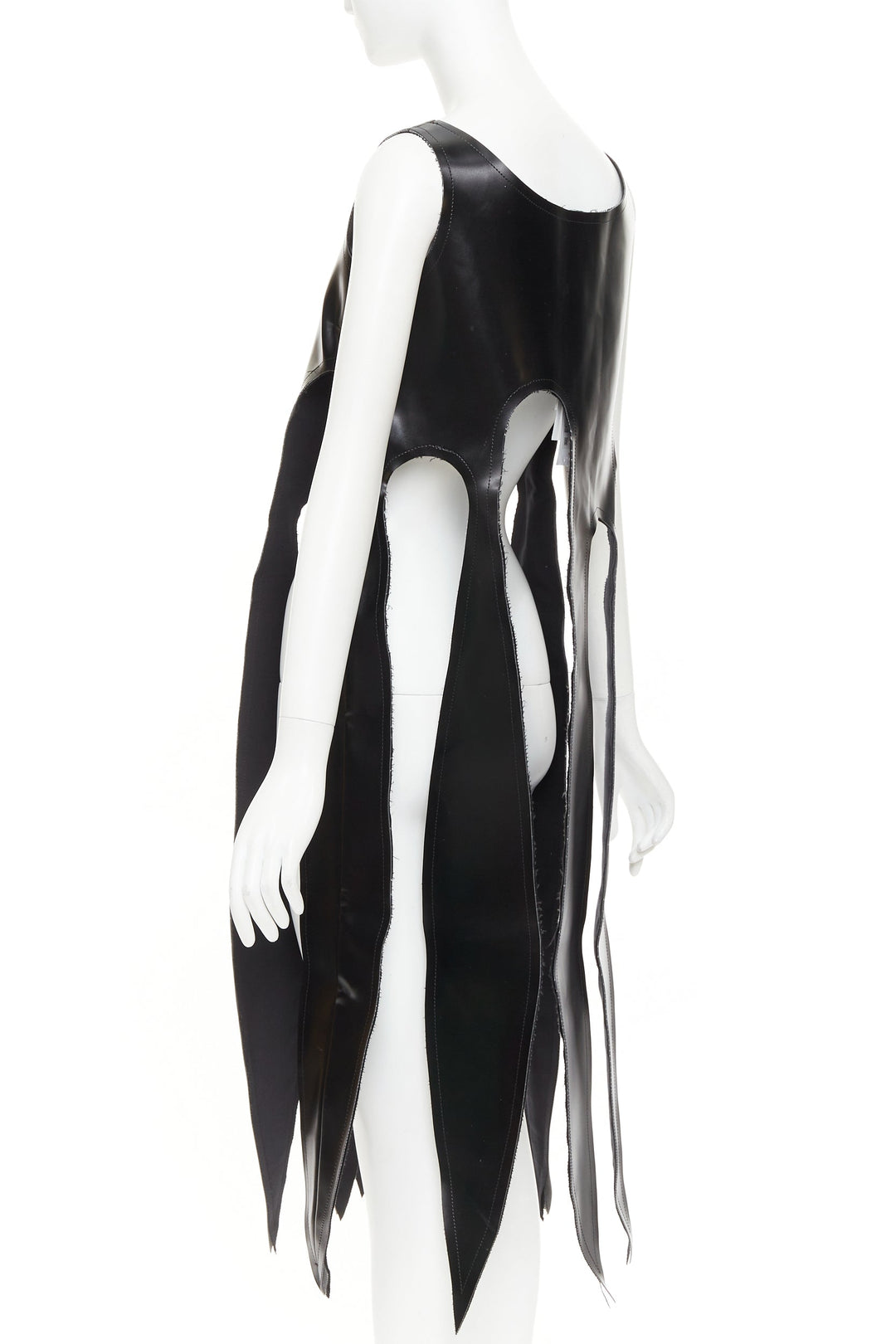 rare COMME DES GARCONS 2019 Runway black PU V neck cut out fringe top S