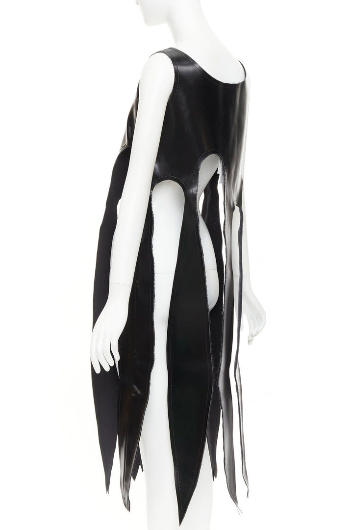 rare COMME DES GARCONS 2019 Runway black PU V neck cut out fringe top S