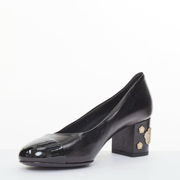 CHANEL 2021 black leather patent cap toe gold camellia block heel pumps EU39C