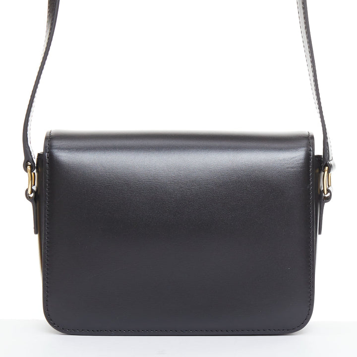CELINE Teen Triomphe black shiny calfskin gold anagram logo crossbody bag